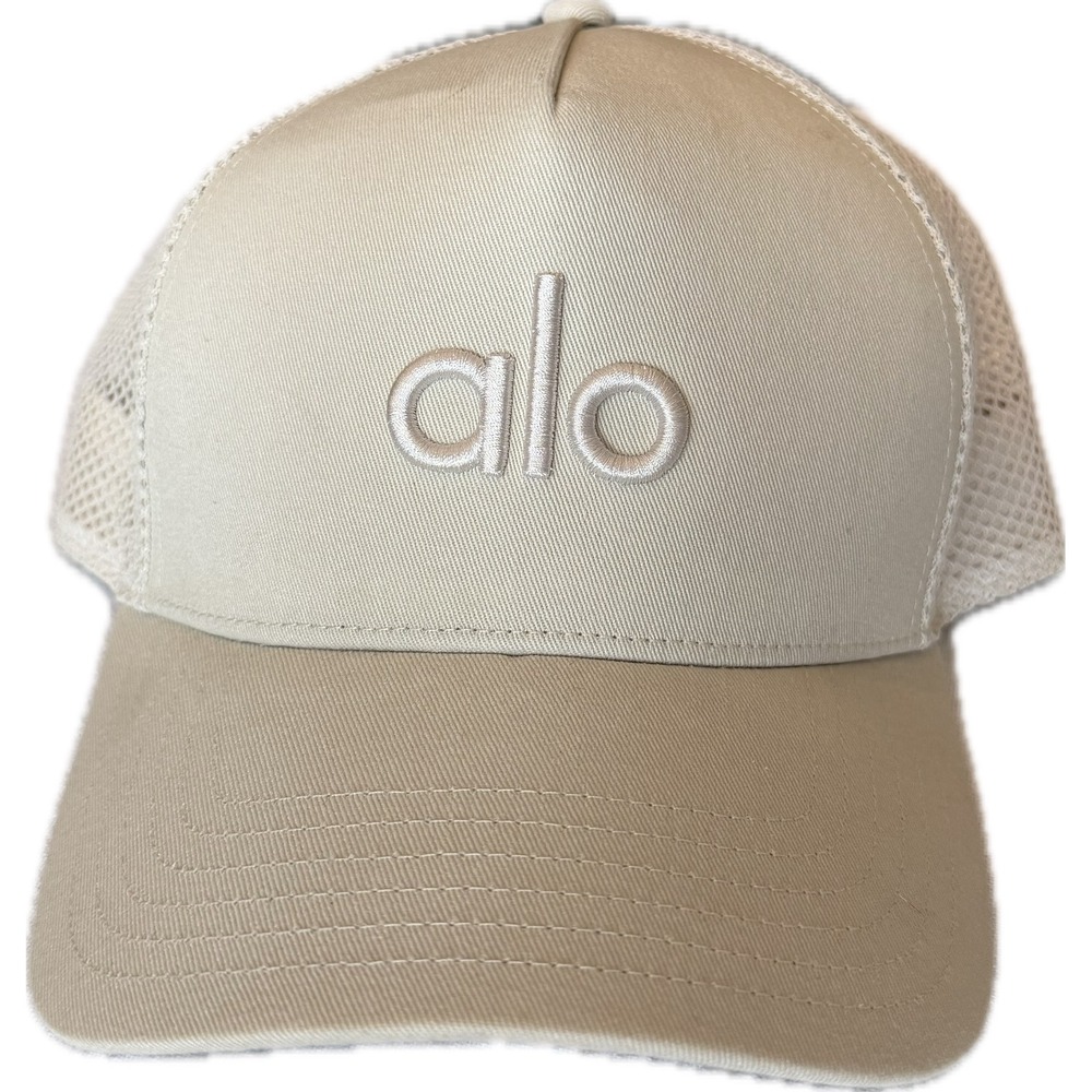 Alo Yoga Off-Duty Mesh Trucker Hat Bone Ivory Embroidered Logo Snapback Cap - Picture 2 of 4